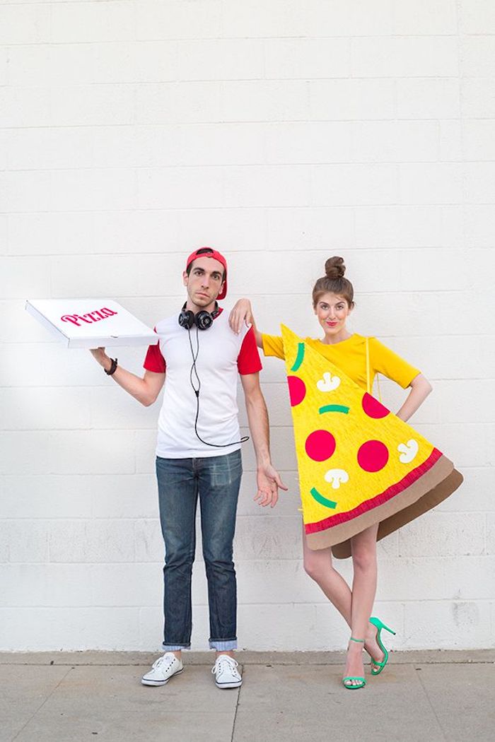 Deguisement de couple, deguisement fête halloween maison costumes complémentaires, pizza morceau et pizza boite