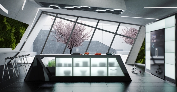 intérieur moderne à design original dans une cuisine aux lignées géométriques et en couleurs neutres avec équipement high tech 