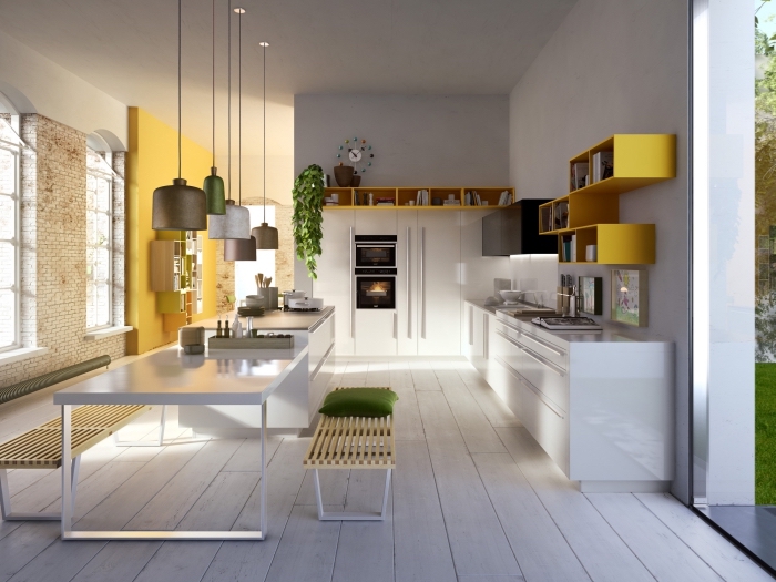 cuisine ouverte avec ilot bicolore en blanc et gris, déco moderne avec mur industriel et meubles à design géométrique