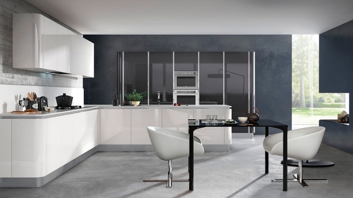 modèle de cuisine équipée avec ilot d'angle, déco moderne en couleurs neutres dans une cuisine spacieuse aménagée en blanc et gris