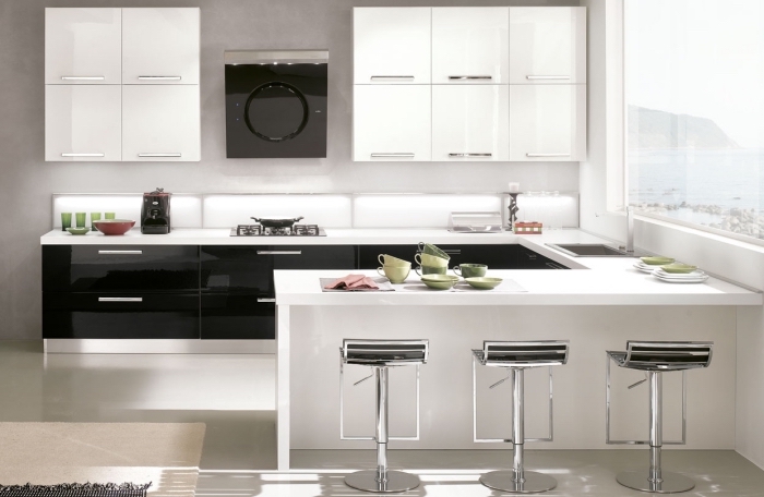 comment décorer une cuisine tendance moderne, idée design petite cuisine avec ilot central en U, meubles cuisine moderne avec éclairage