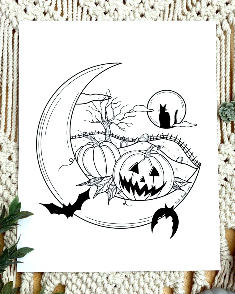 dessin a colorier sur le theme de halloween citrouille lune