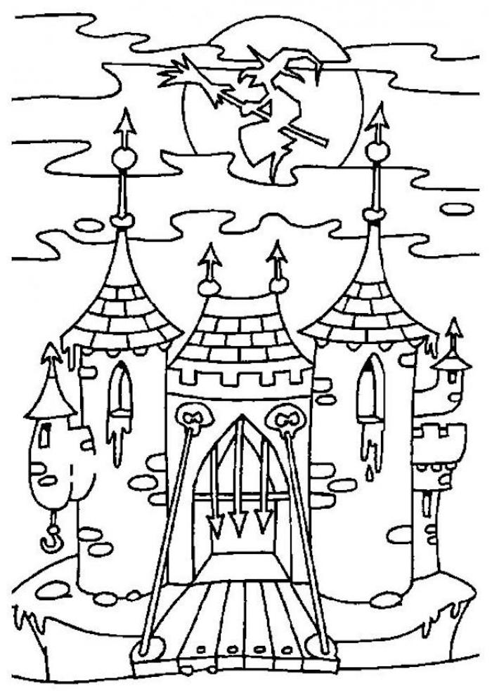 deco halloween a imprimer et colorier chateau hanté avec sorciere sur balais volant