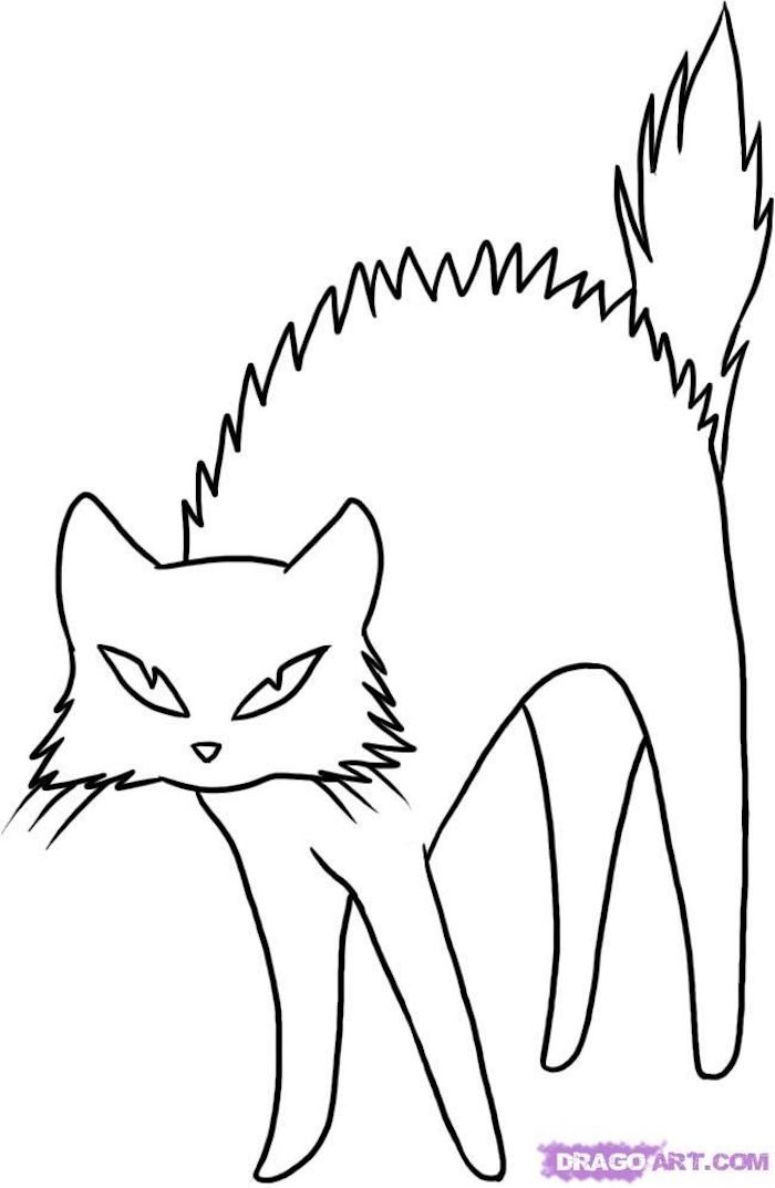 dessin de chat qui fait peur facile en une ligne noir et blanc pour enfant halloween