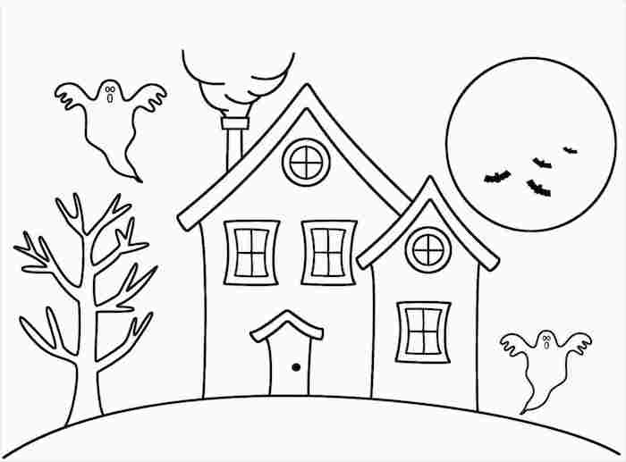 dessin a décalquer paysage halloween maison hantée avec fantomes chauve souris et pleine lune à colorier