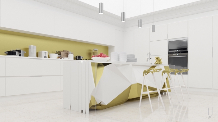 design intérieur moderne et futuriste aux lignées épurées et géométriques dans une cuisine équipée d'îlot central