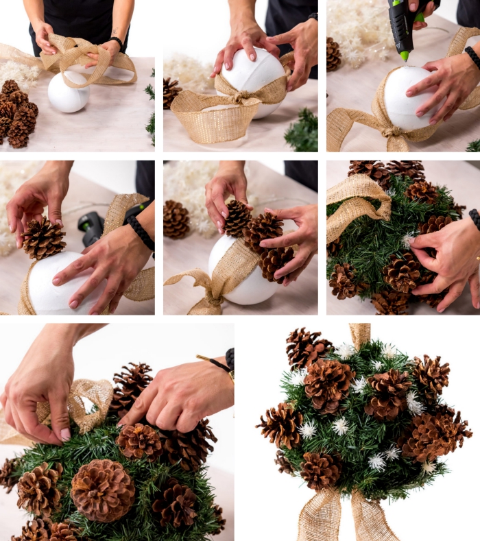 tutoriel avec les étapes pour fabriquer une jolie suspension décorative de Noel en pommes de pins et ruban beige