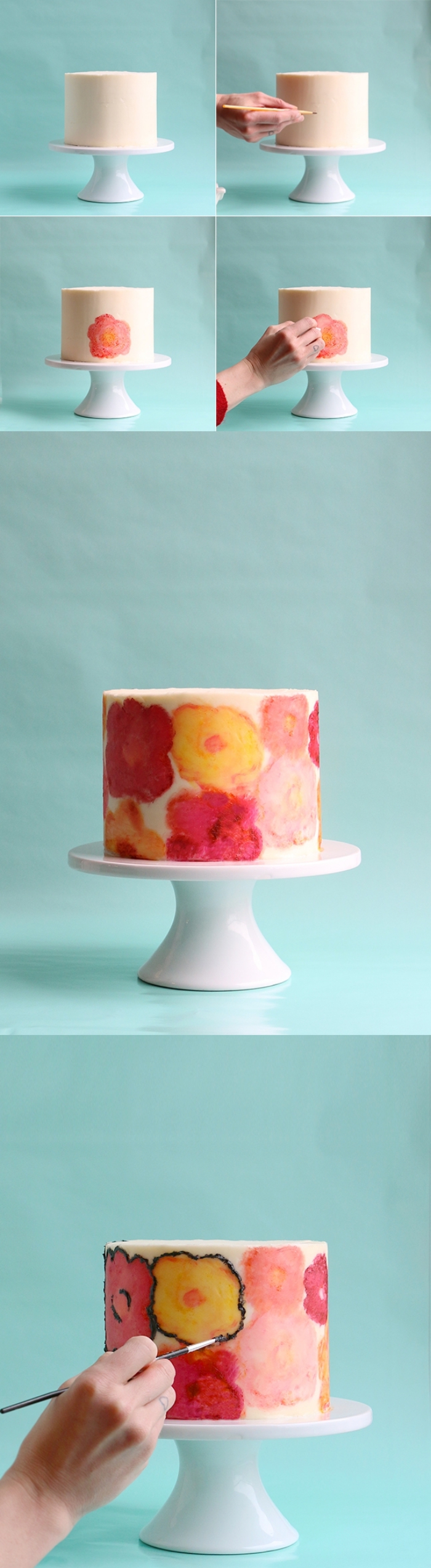 tuto pour réaliser une jolie décoration florale sur un glaçage au beurre avec des colorants alimentaires gel, dessin gateau anniversaire