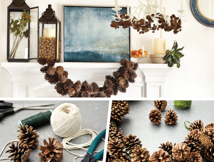 décor hivernal dans un salon blanc avec objets diy faciles, idée activité manuelle automne avec une guirlande en pommes de pins