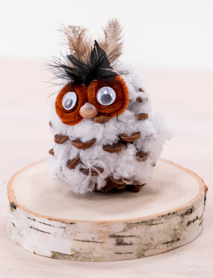 exemple de création avec des pommes de pins, modèle de figurine hibou facile à faire avec plumes et coton