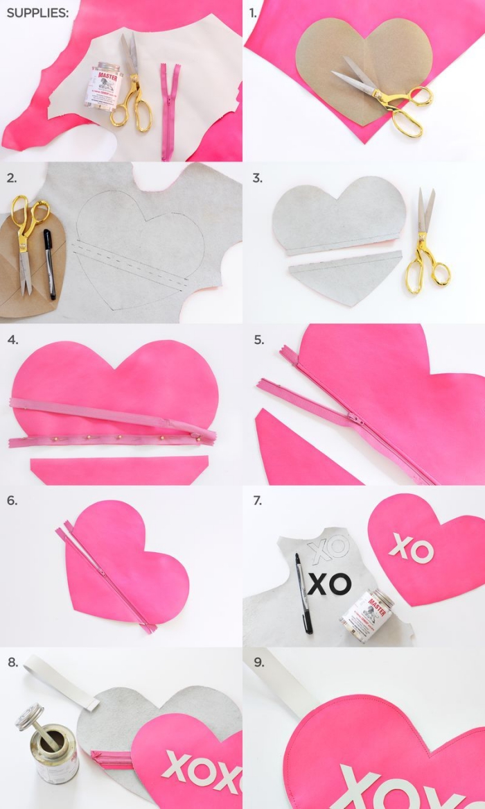 tuto sac pochette ultra mignon en forme de coeur, à mention xoxo, avec fermeture éclair, accessoire de mode adorable pour accessoiriser une tenue d'été