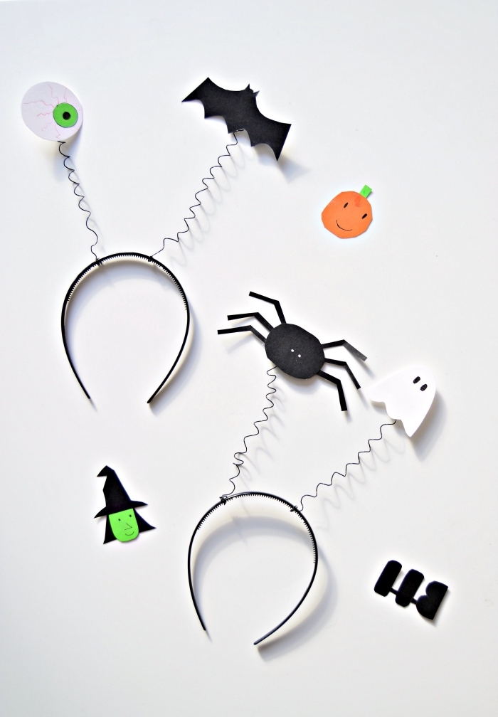idée d'activité halloween facile pour réaliser un serre-tête effrayant décoré de personnages d'halloween en papier, déguisement d'halloween de fille ou garçon à faire soi-même