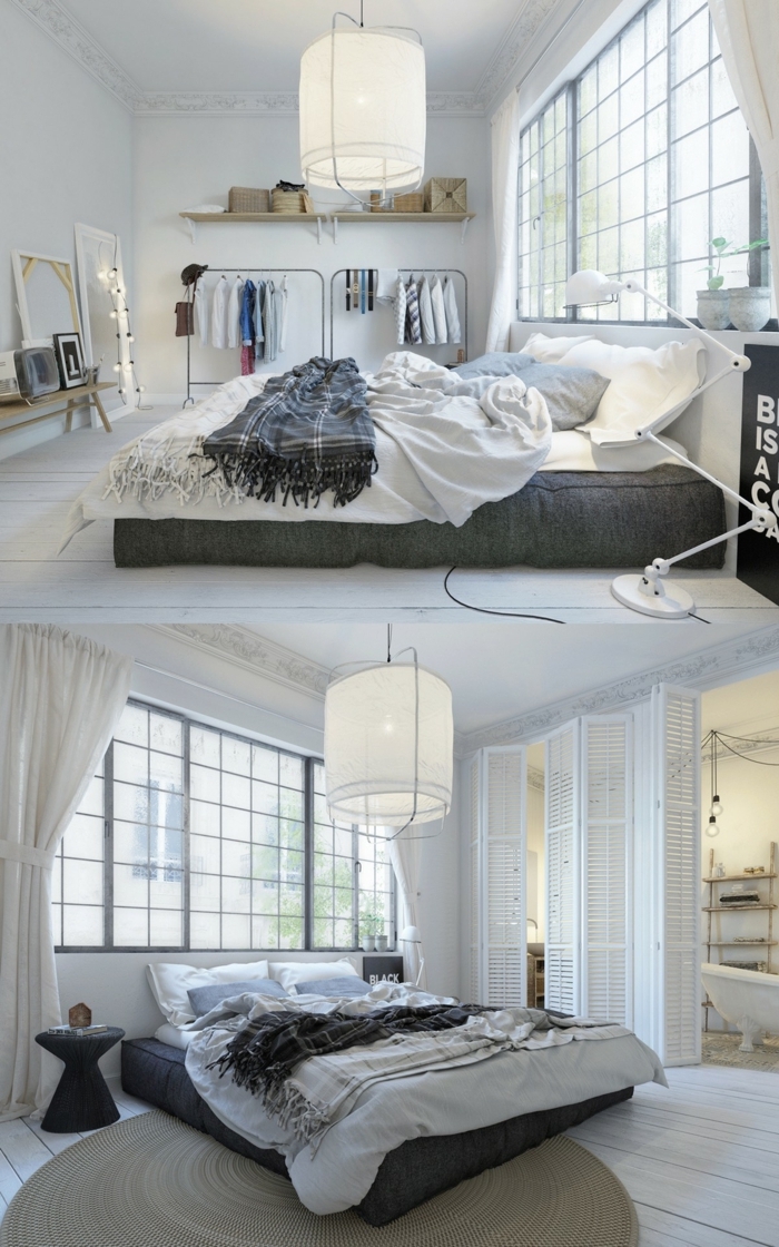 grand lit cocooning, plafonnier blanc en toile, fenêtres atelier, porte-vêtements industriels, voilages blancs