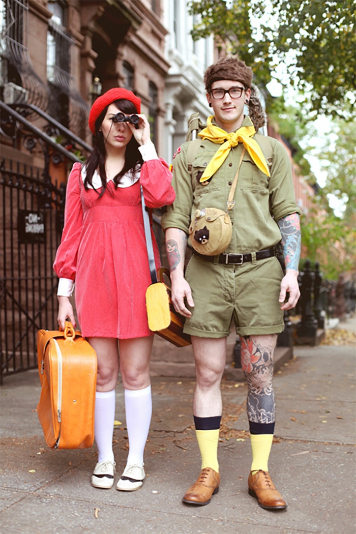 costumes originales pour un deguisement couple pas cher, robe rouge et béret rouge, homme tenue vert militaire