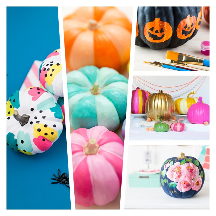 exemple de décoration halloween a fabriquer, citrouille repeinte décorée de peinture couleurs et motifs variés, dessin roses, motif jack o lantern
