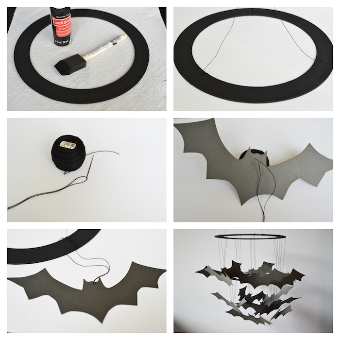 décoration halloween a fabriquer, mobile en papier fabriqué avec un cerceau en papier et silhouettes chauve souris en papier