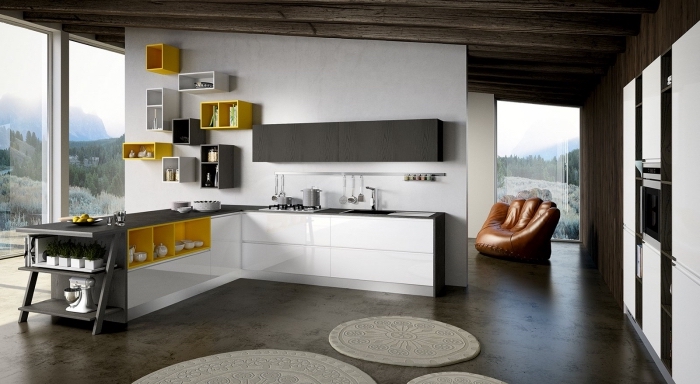 déco ultra moderne dans une cuisine en L au parquet gris foncé avec meubles en blanc et accents en jaune