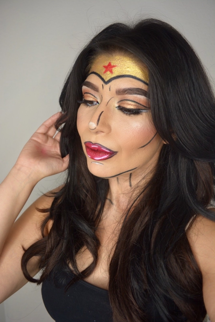 maquillage de femme super héros de style pop art, le maquillage de wonder woman emblématique 