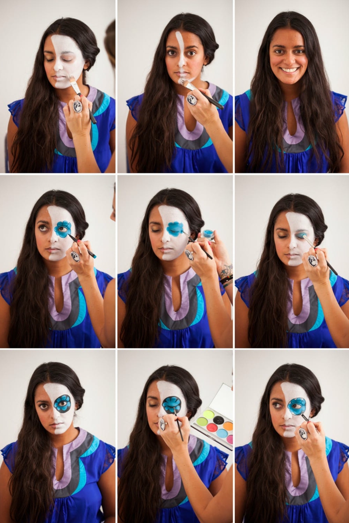 maquillage halloween femme facile, visage demi crâne, cheveux longs, tenue bleue, cernes bleus autour des yeux