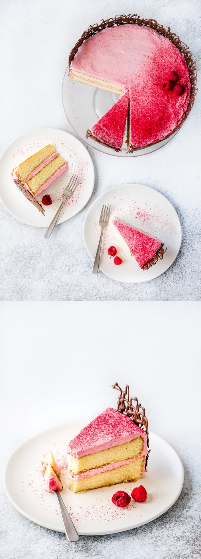 présentation originale d'un gâteau d'anniversaire vanille et framboise au glacage framboise, au déco dentelle de chocolat