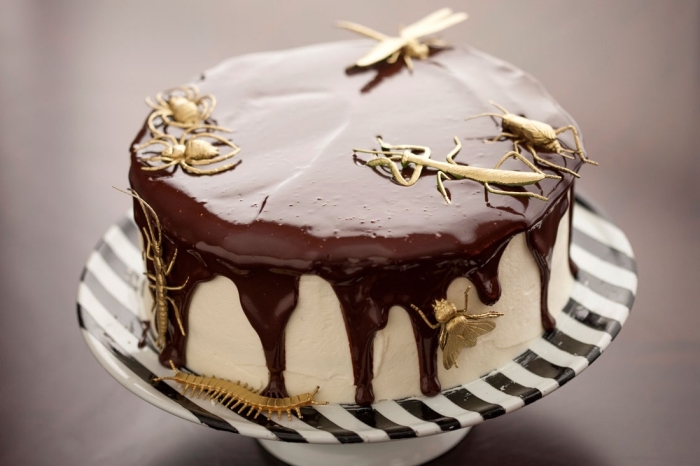 décoration de gâteau Halloween stylée et élégante avec glaçage au chocolat blanc et figurines insectes dorées