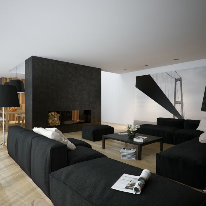 couleur mur salon noir et blanc, sofas confortables, grand poster monochrome, table de salon noire