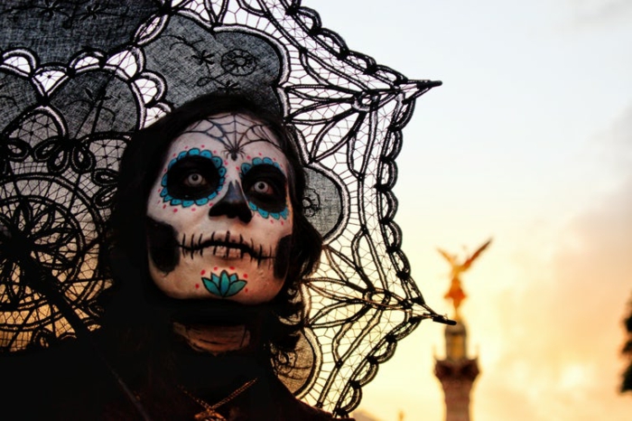 parapluie en dentelle noire, homme effrayant, maquillage squelette en trois couleurs, front toile d'arraignée