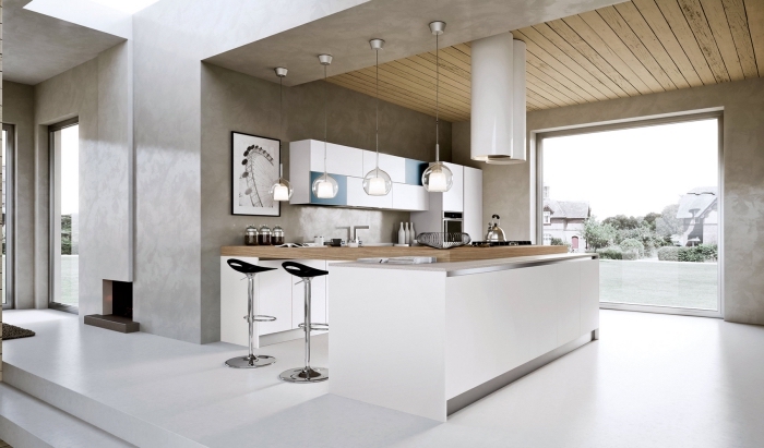 design intérieur dans une cuisine ilot central moderne aménagée en couleurs neutres, modèle de cuisine avec îlot en bois et meubles blancs sans poignées