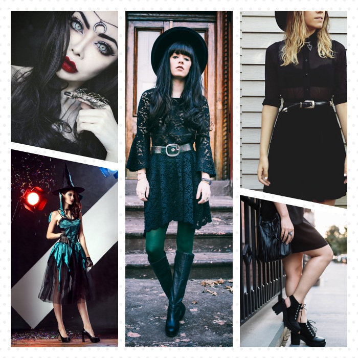 plusieurs idées de maquillage sorcière et tenue halloween femme avec robe noire, bottines noires, maquillage foncé, rouge à lèvres rouge foncé, lentilles bleues
