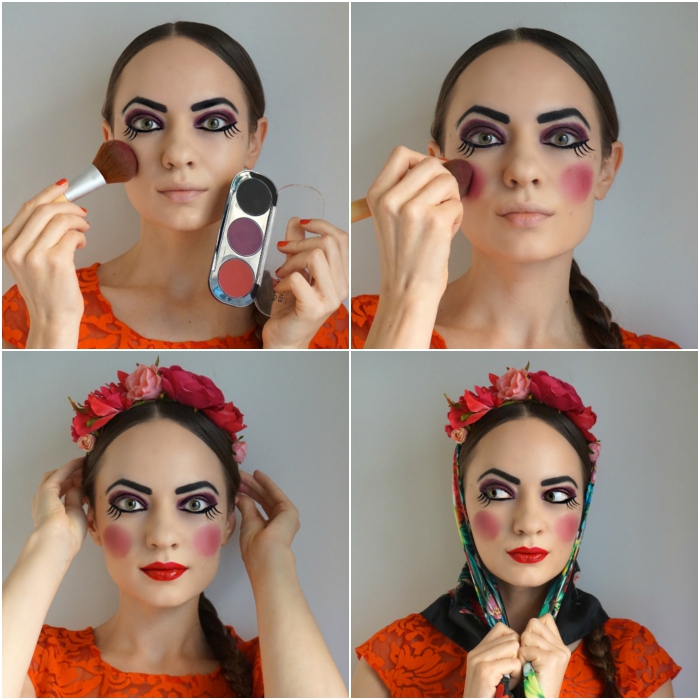 les étapes finales du maquillage poupée russe, look de poupée russe aux joues rosées, bouche rouge et sourcils bien dessinés