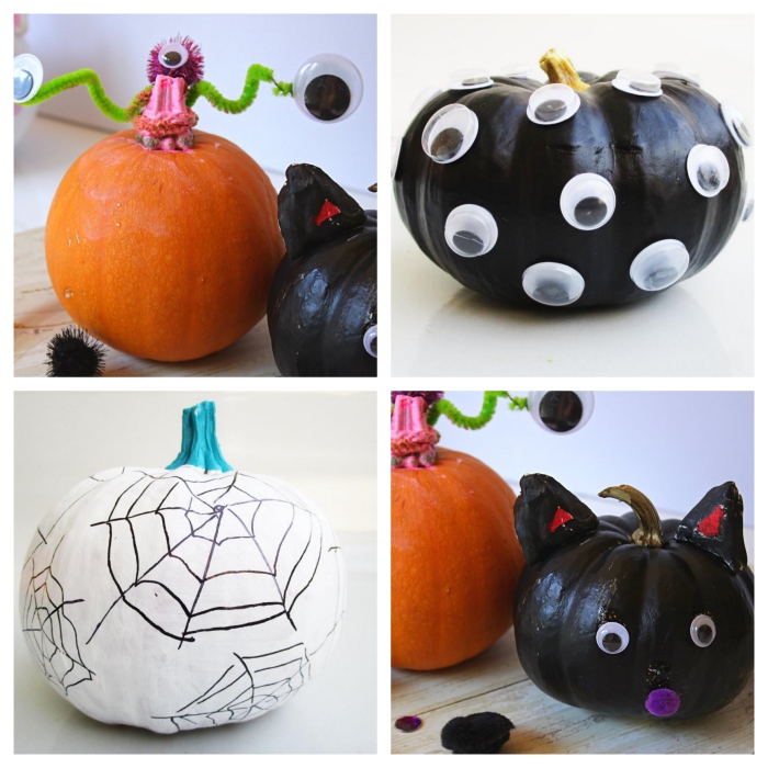  activité manuelle halloween maternelle, idée comment faire une décoration de citrouille effrayante avec peinture noire et yeux mobiles