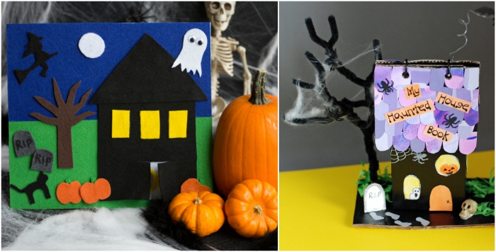 deux modèles de maison hantée d'halloween en feutrine ou en papier, activité manuelle facile et rapide pour réaliser une déco d'halloween originale ensemble avec les enfants