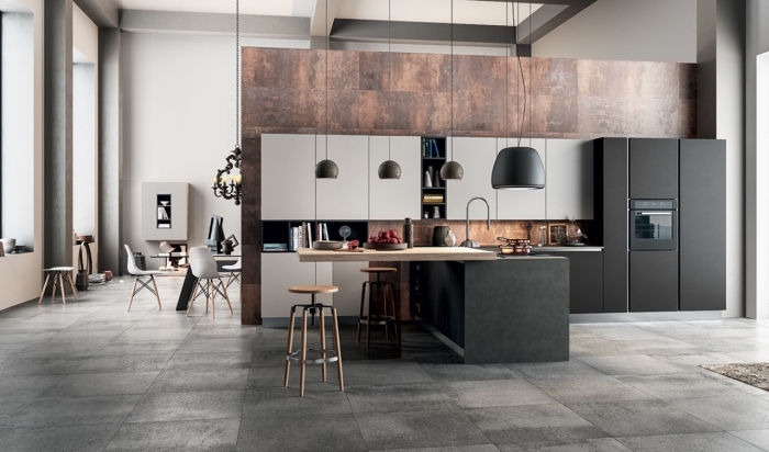 idée comment décorer une cuisine ouverte avec ilot en style moderne, exemple de cuisine stylée avec meubles en gris clair et anthracite