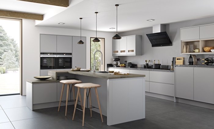 quelles couleurs combiner avec le gris dans une cuisine moderne, exemple de design intérieur stylé avec accessoires industriels
