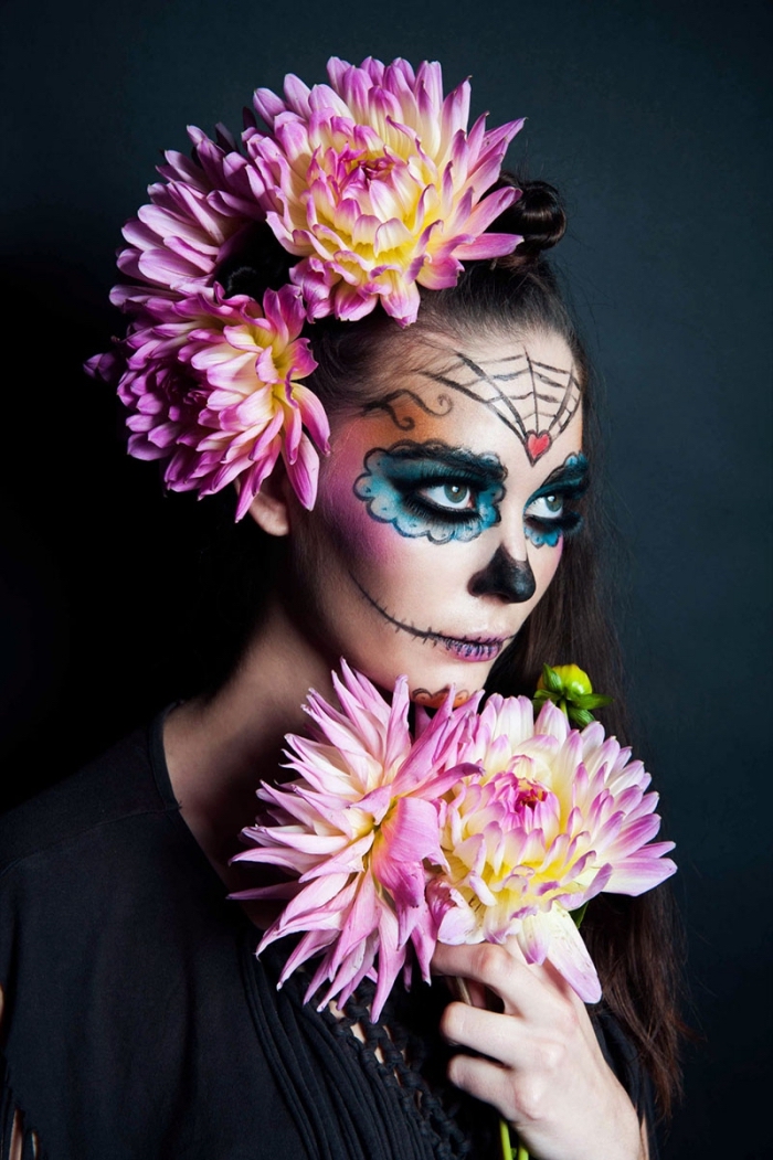 jolie tête de mort mexicaine réalisée avec un mélange de fard noir, bleu turquoise, rose et orange, maquillage squelette facile façon poupée cadavérique