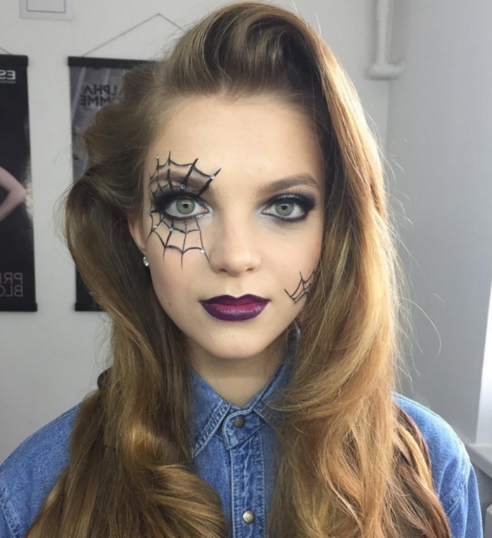 maquillage d'halloween de dernière minute réalisé à l'eye-liner , maquillage des yeux toile d'araignée