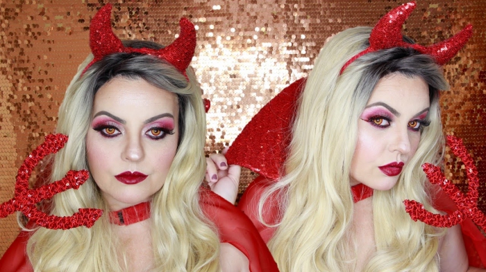maquillage halloween facile rouge et noir avec lentilles de diablesse pour un regard intense et glamour