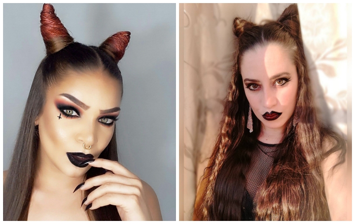 maquillage halloween sorciere ou diablesse avec des lèvres foncées noir mat et une coiffure demi-chignons effet cornes de diable
