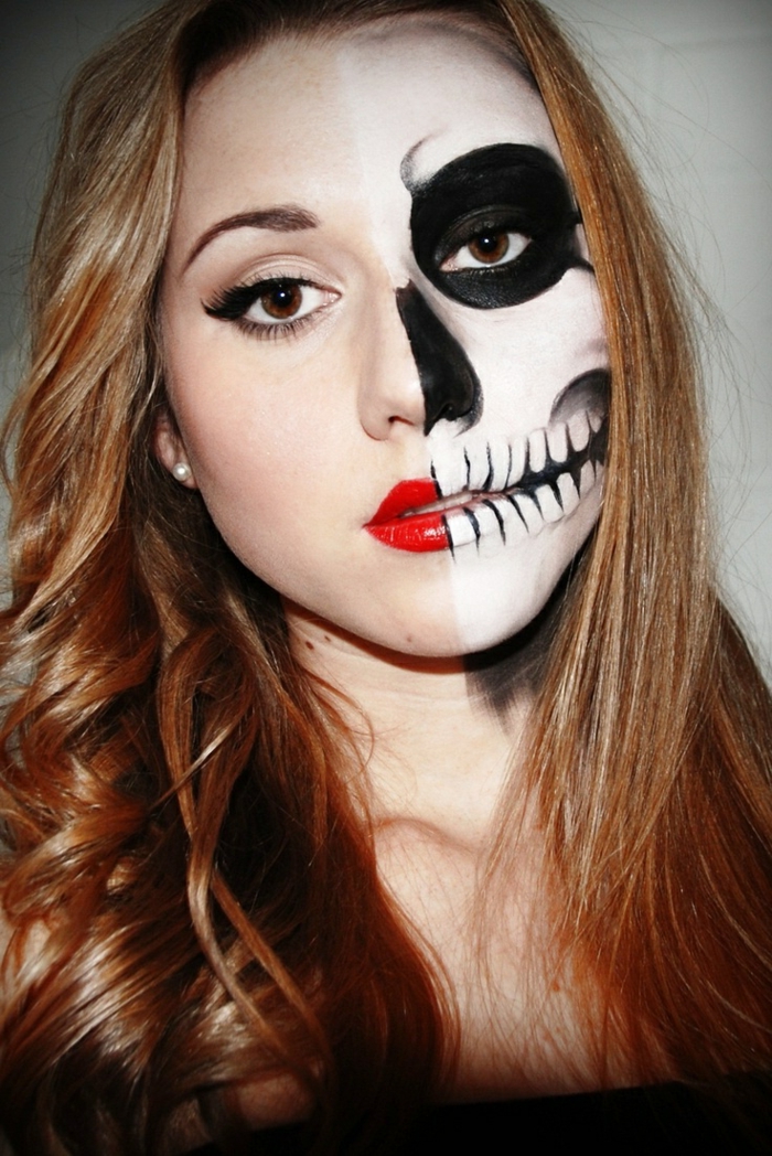 maquillage halloween simple, rouge à lèvres vif, dents monochromes, eye-liner noir