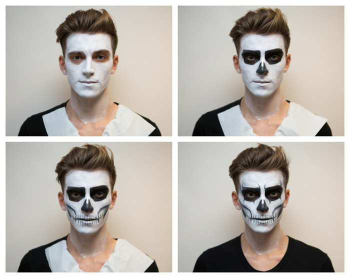 tuto maquillage halloween, homme maquillé pour Halloween, peinture sur visage artistique, maquillage halloween tete de mort