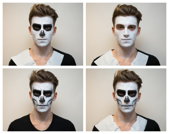 tuto maquillage halloween, homme maquillé pour Halloween, peinture sur visage artistique, maquillage halloween tete de mort