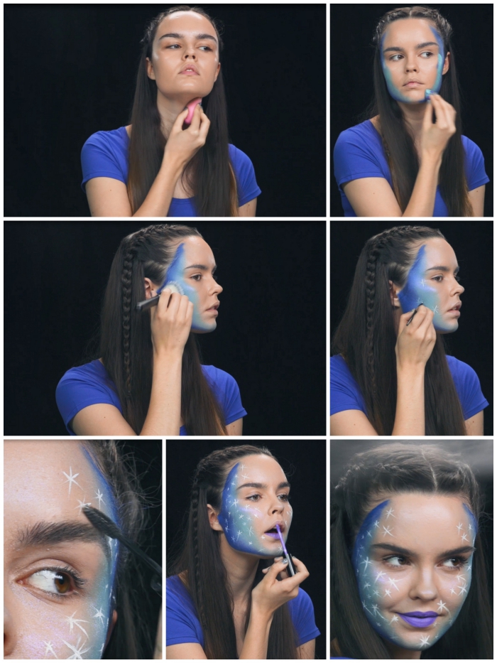 maquillage halloween facile et tendance, tuto pour faire un visage galactique étoilé