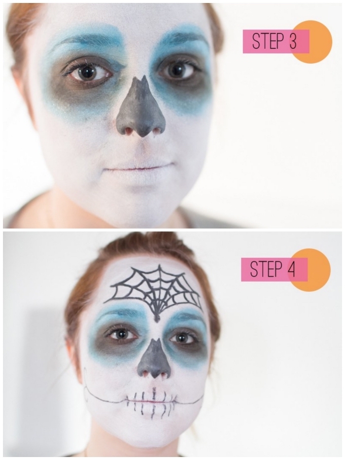 tuto simple pour réaliser un masque halloween jour des morts, un maquillage mexicain femme imitant les masques pour la fête des morts