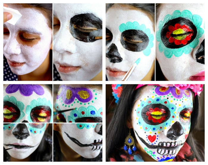 maquillage halloween squelette, visage peint avec peintures festives, fleurs et dents effrayantes sur le visage