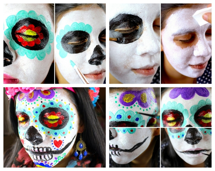 maquillage halloween squelette, visage peint avec peintures festives, fleurs et dents effrayantes sur le visage