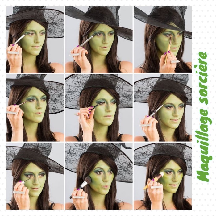 comment faire un maquillage sorcière de halloween simple, visage repeint de couleur verte avec des fards à paupières vertes et contouring émeraude