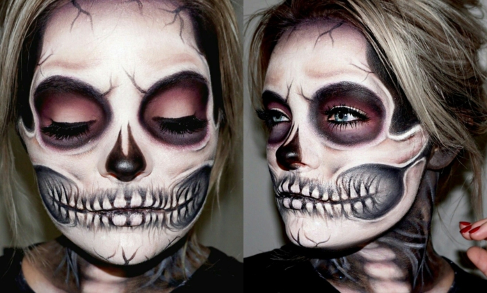 femme au maquillage squelette, lèvres dents terrifiants, eye-liner noir, rose autour des yeux, grands cercles noirs