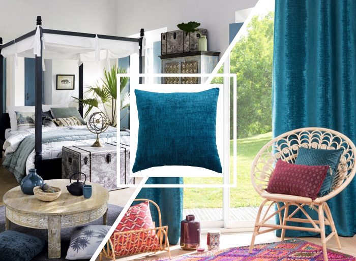 idée de décoration relaxante dans une chambre à coucher blanche décorée avec éléments ethniques et coussins en velours tendance
