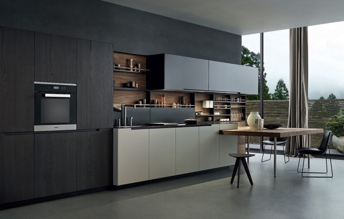comment combiner les couleurs neutres dans un design moderne, exemple de cuisine foncée avec meubles hauts en noir et meubles bas en blanc