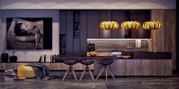 modèle de cuisine équipée avec ilot, style moderne et élégant dans une cuisine foncée avec meubles en noir mate et îlot bicolore